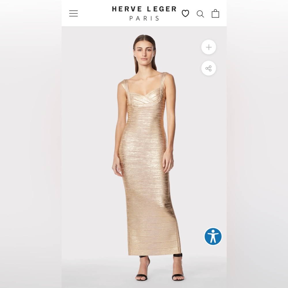 Herve Leger Gold Maxi Formal Evening Dress, Size Small